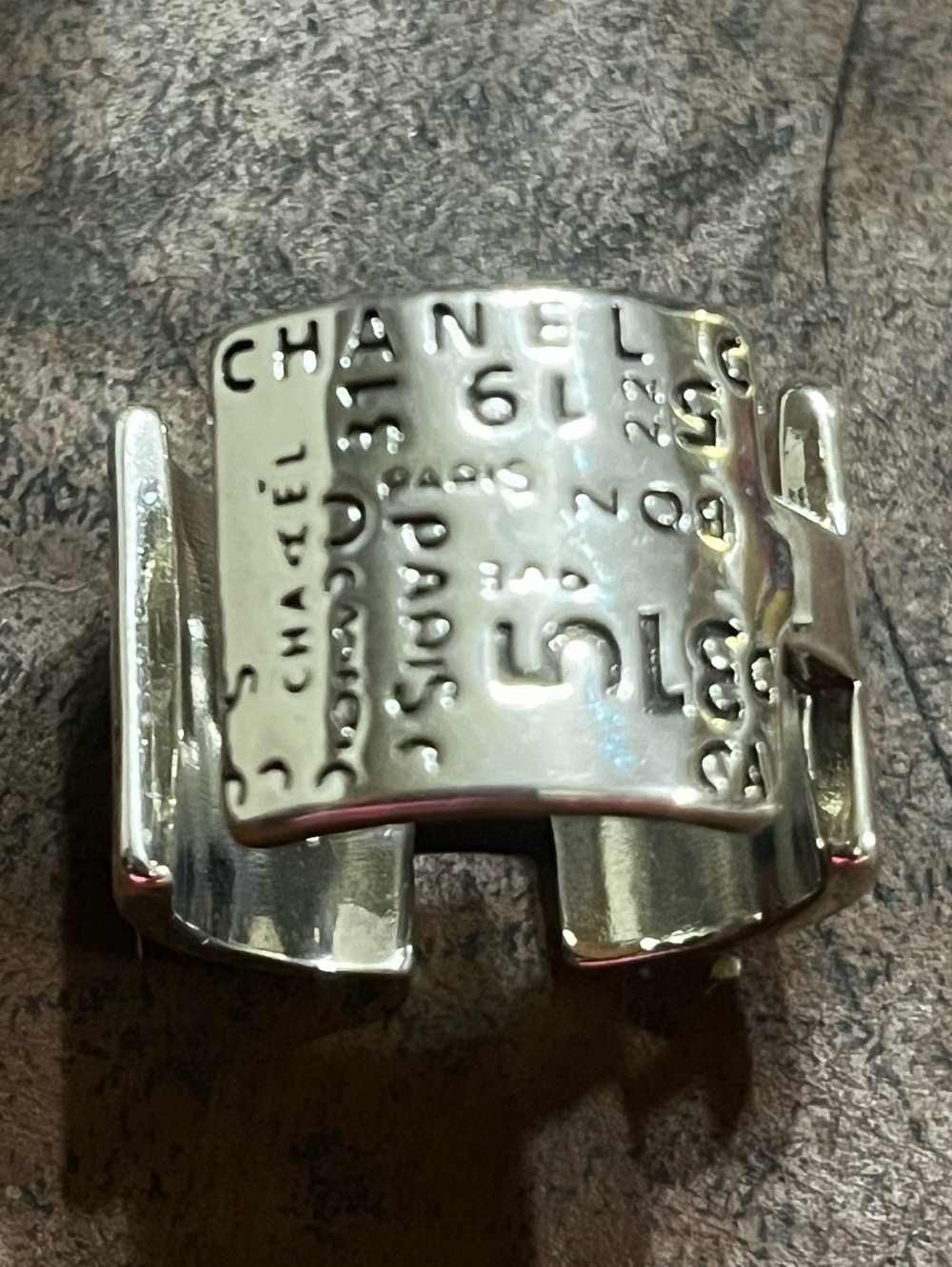 CHANEL Silver Cuff Ring with Embossed Logo - Picture 2 of 6